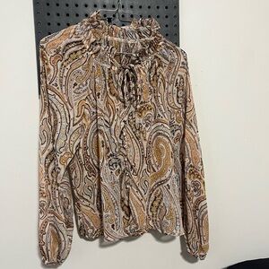 Paisley Ruffle-Neck Long Sleeve Top in Beige and Brown